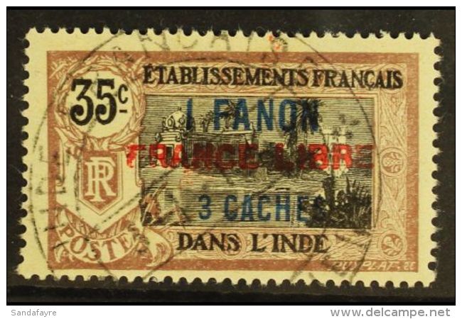 FRENCH INDIA 1941 1Fa 3ca On 35c Brown And Black, Variety "horizontal Surcharge", Yv 130a, Very Fine Used. For... - Autres & Non Classés