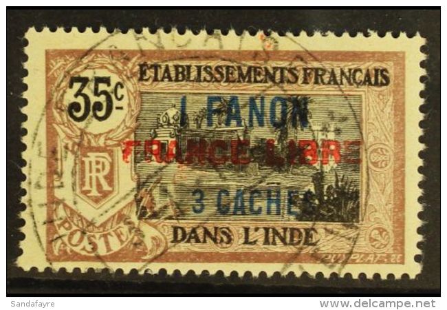 FRENCH INDIA 1941 1Fa 3ca On 35c Brown And Black, Variety "horizontal Surcharge", Yv 130a, Very Fine Used. For... - Andere & Zonder Classificatie