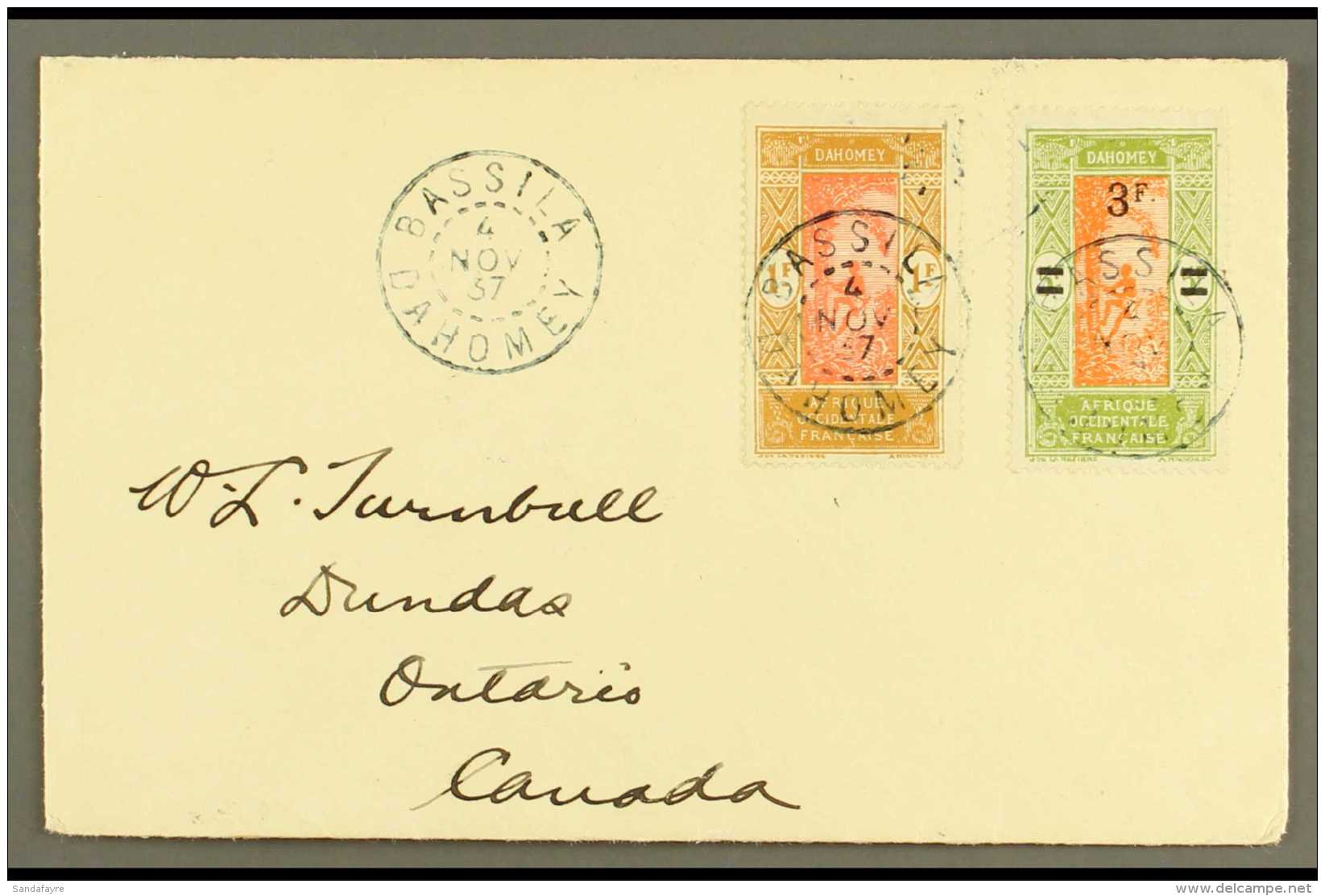 DAHOMEY 1937 (4 Nov) Cover To Canada Bearing 1926-27 3fr On 1fr Plus 1927 1fr, These Tied By Fine "BASSILA /... - Andere & Zonder Classificatie