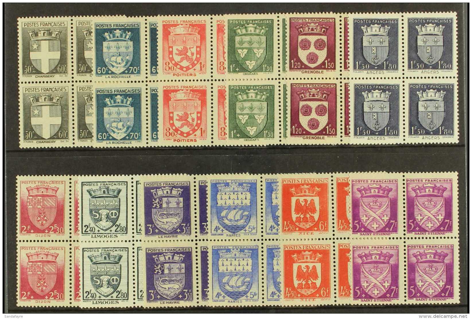 1942 National Relief Fund "Town Arms" Complete Set, Yv 553/564, Very Fine Never Hinged Mint Blocks Of Four (12... - Autres & Non Classés