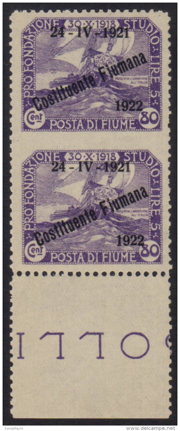 1922 (12 April) 80c Violet Vertical Pair IMPERF BETWEEN, Sass 185u, Very Fine Never Hinged Mint. For More Images,... - Fiume