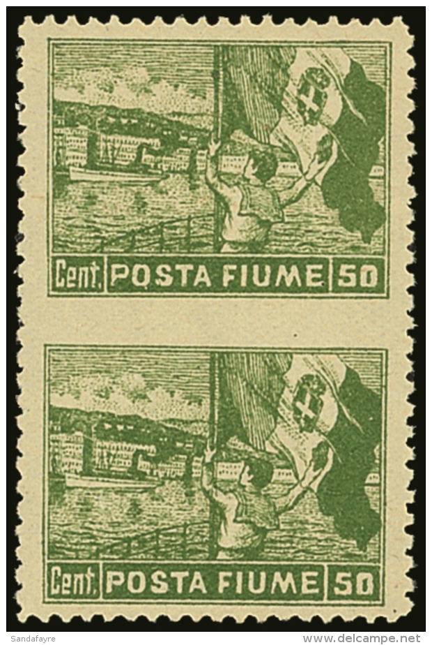 1919 (June) Inscribed "POSTA FIUME" 50c Yellow-green - A Vertical Pair IMPERF BETWEEN, Sass 54e, Very Fine Mint.... - Fiume