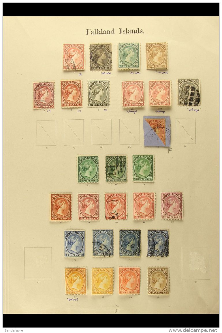 1878-1891 COLLECTION With Many Shades On An Old Page, Inc 1878-79 No Wmk 4d Used And 6d &amp; 1s Unused, 1885-91... - Falkland