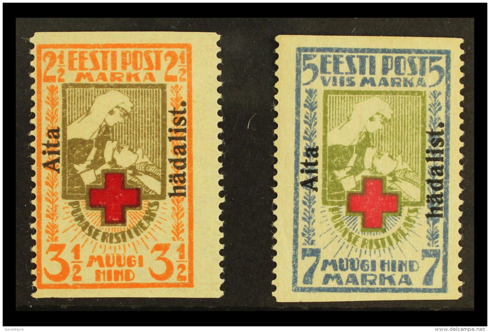1923 "Aita Hadalist." Charity Overprints IMPERFxPERF Complete Set (Michel 46/47 A Uw, SG 49Bba/50Bba), 3&frac12;m... - Estonie