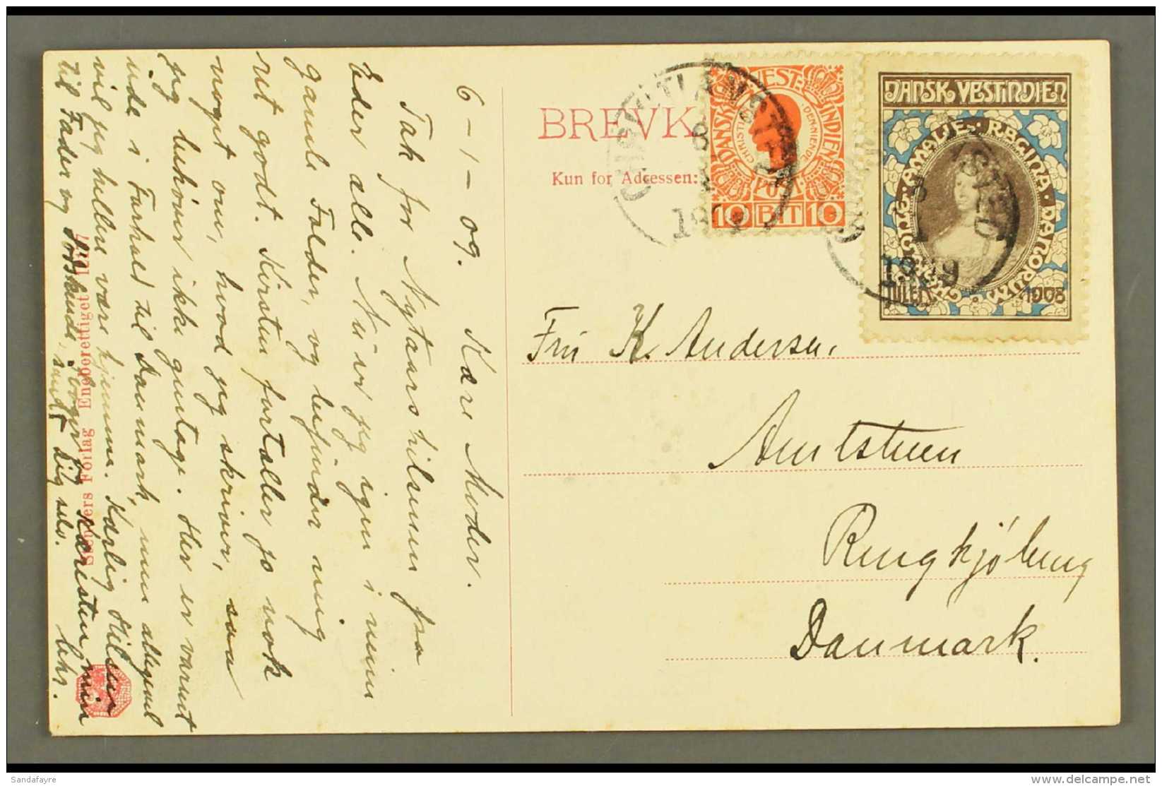 1908 CHRISTMAS SEAL ON POSTCARD. Picture Postcard Showing St Croix, Addressed To Denmark, Bearing 10b Stamp And... - Danish West Indies