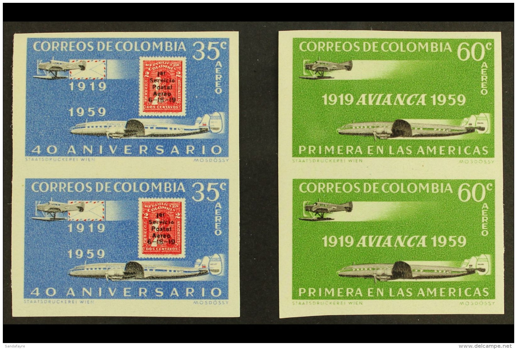 1959 Air Avianca Anniversary Complete IMPERF Set (Scott C347/48, SG 998/99), Never Hinged Mint IMPERF PAIRS, Fresh... - Colombie