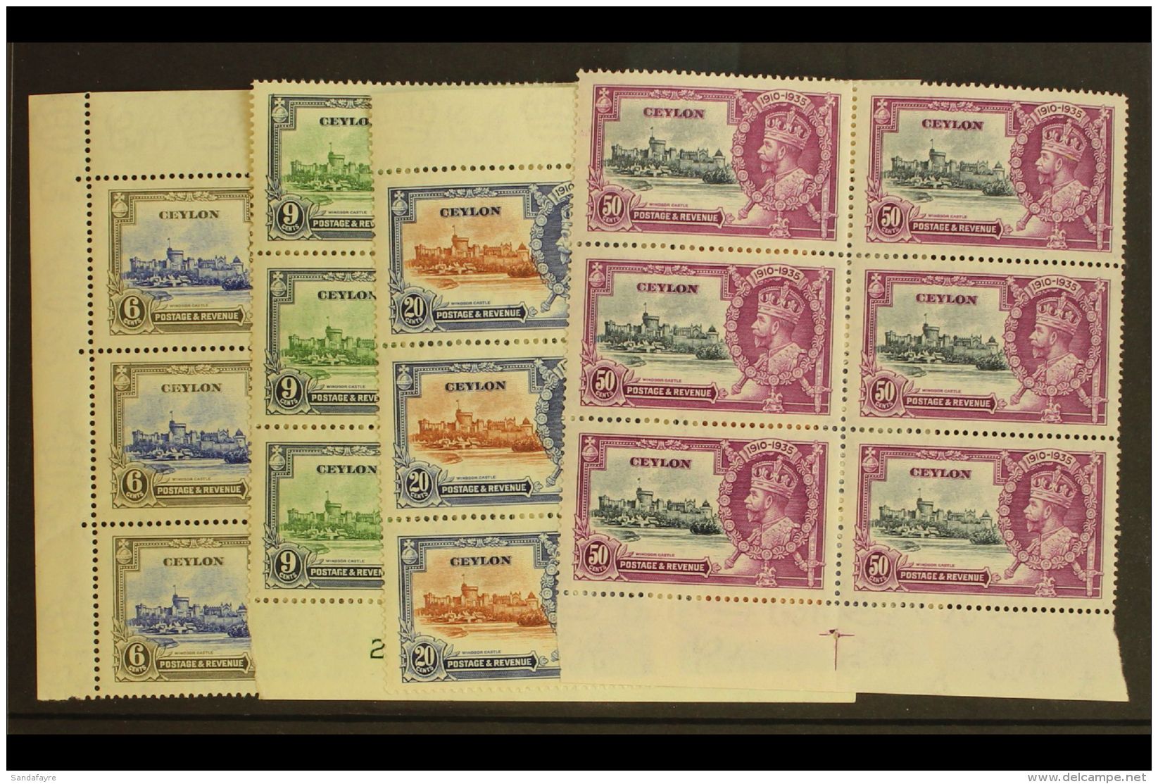 1935 Silver Jubilee Complete Set, SG 379/382, As Mint Marginal BLOCKS OF SIX, Light Creasing To The 6c And 9c,... - Ceylon (...-1947)