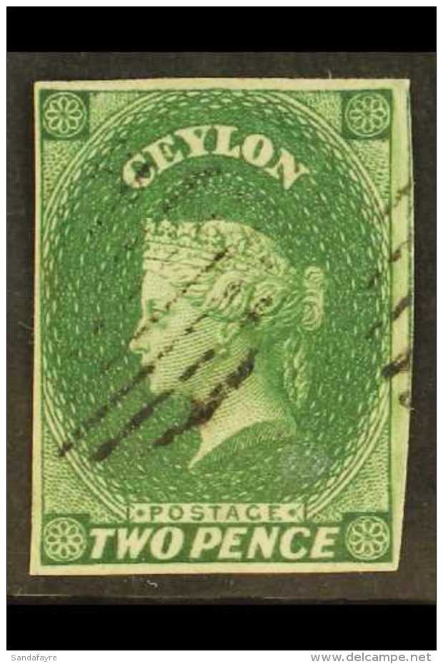 1857-59 2d Green Imperf, SG 3, Superb Used, Lightly Cancelled With 4 Margins &amp; Fabulous Fresh Colour. Pretty.... - Ceylan (...-1947)