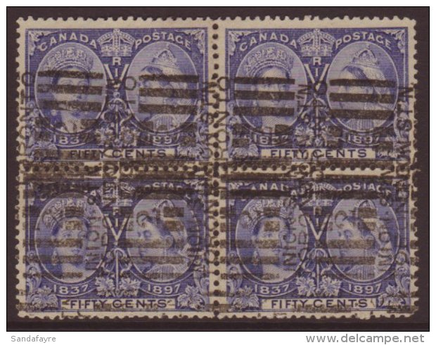 1897 50c Bright Ultramarine, Jubilee, SG 135, Used Block Of 4 With Light Roller Cancels. Scarce Item (1 Block Of... - Other & Unclassified