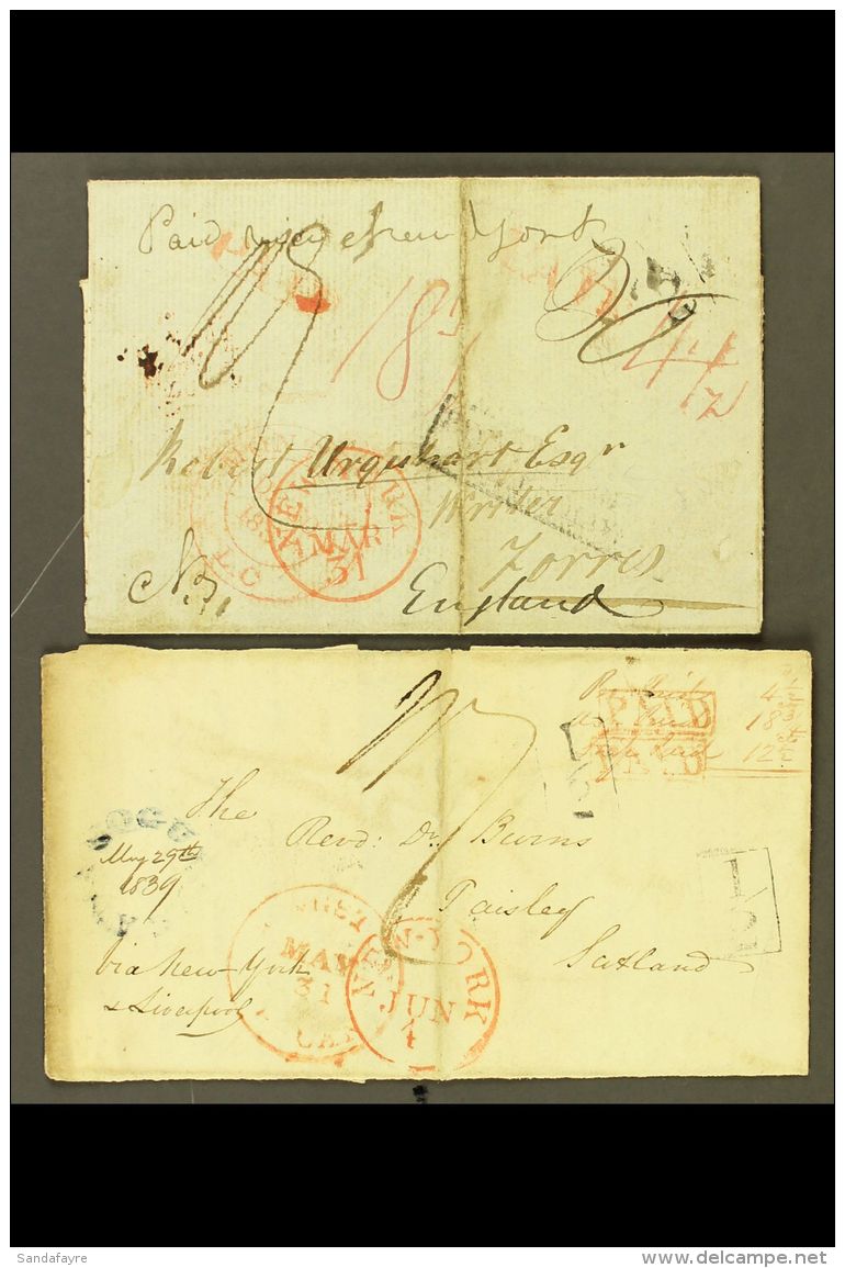 1837-1839 MAIL TO GREAT BRITAIN. Two Part Entire Letters Addressed Via New York To London And To Scotland (with... - Other & Unclassified