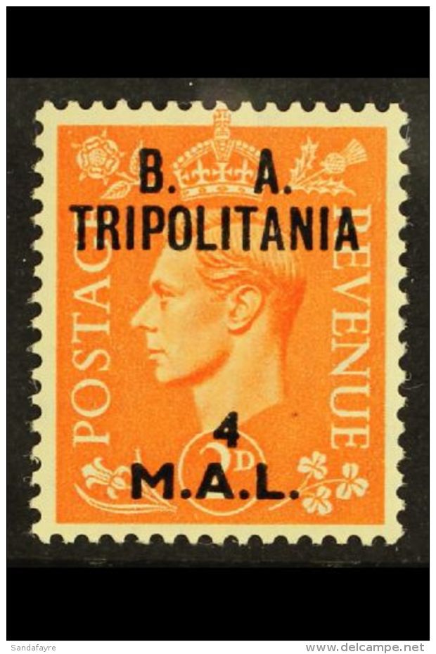 TRIPOLITANIA 1950 4l On 2d Orange, Variety "Misaligned Surch", SG T17a, Very Fine Mint. Scarce. For More Images,... - Italian Eastern Africa