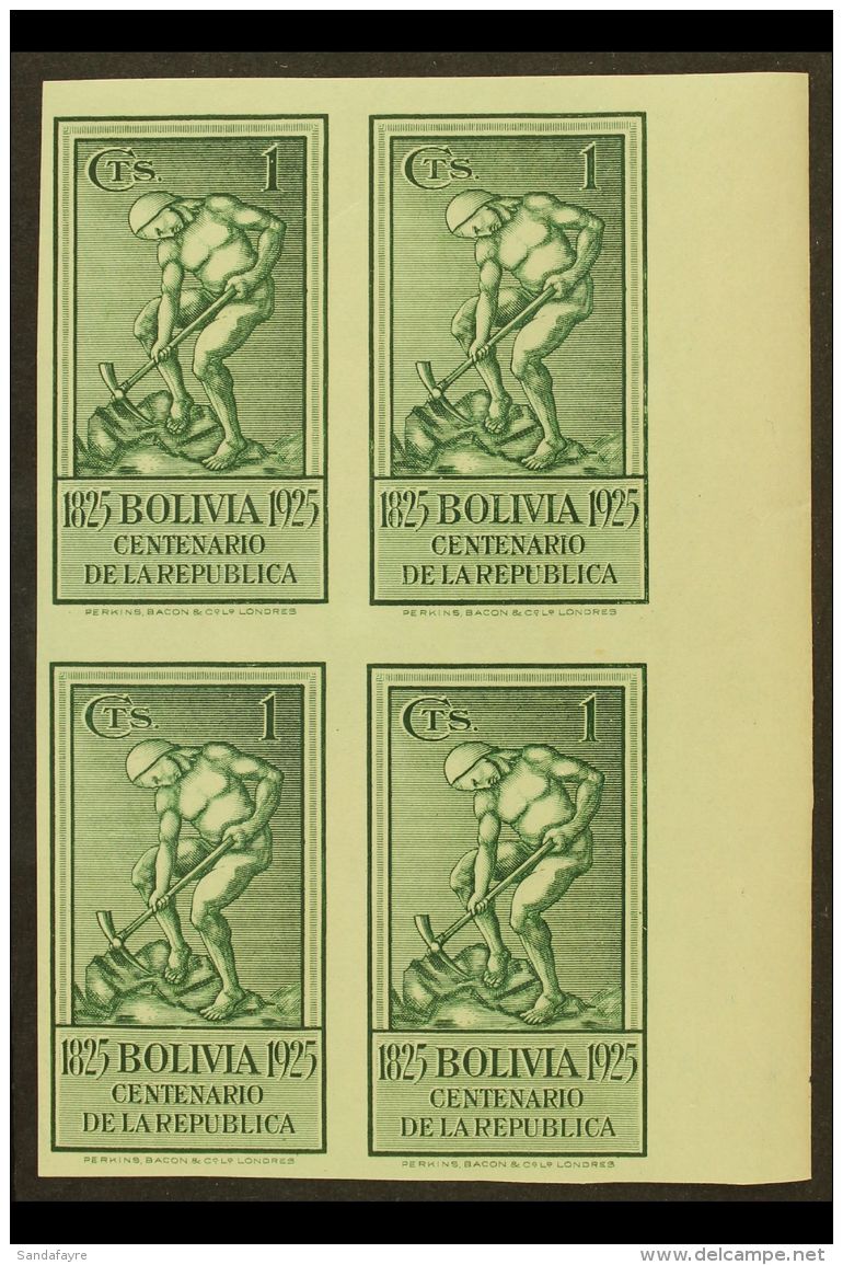 1925 1c Dark Green, Centenary Of The Republic, IMPERFORATE BLOCK OF 4, Scott 150, Never Hinged Mint. For More... - Bolivie