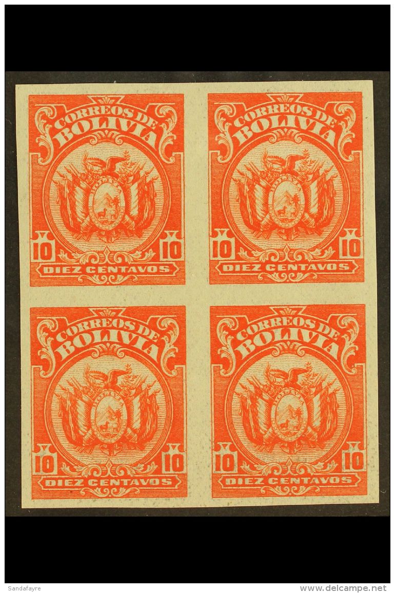 1923-7 10c Vermilion, Coat Of Arms, IMPERFORATE BLOCK OF 4, Scott 131, Never Hinged Mint. For More Images, Please... - Bolivie