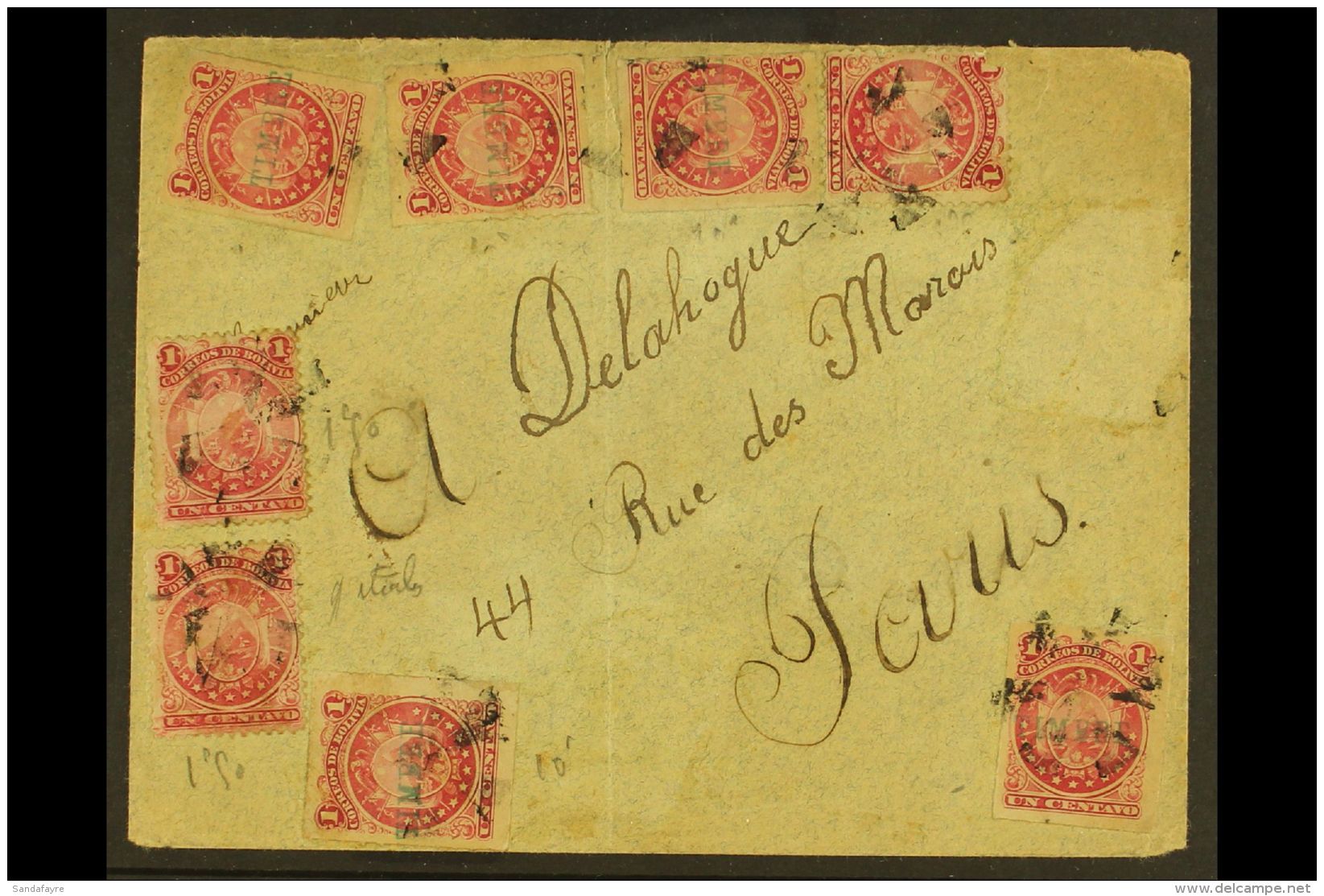 1891 Cover Addressed To Paris, Bearing Postal Fiscal 1891 1c Carmine Roul With "TIMBRE" Overprints (x5), SG F62,... - Bolivie