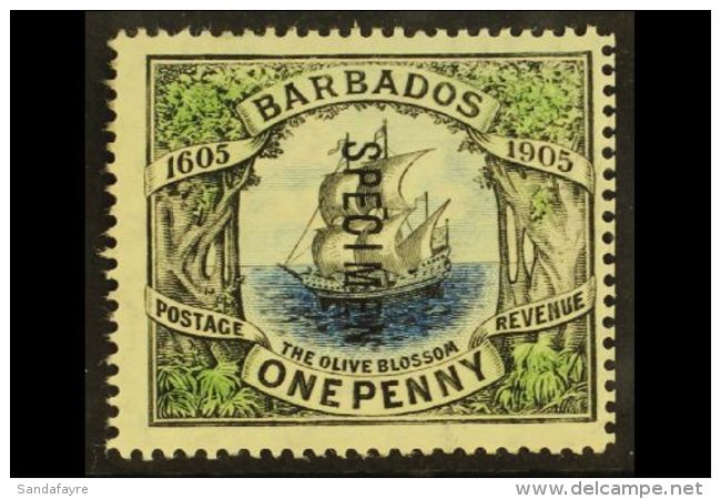 1906 SPECIMEN 1d Black, Blue &amp; Green Tercentenary "Olive Blossom" Overprinted "Specimen", SG 152s, Very Fine... - Barbades (...-1966)