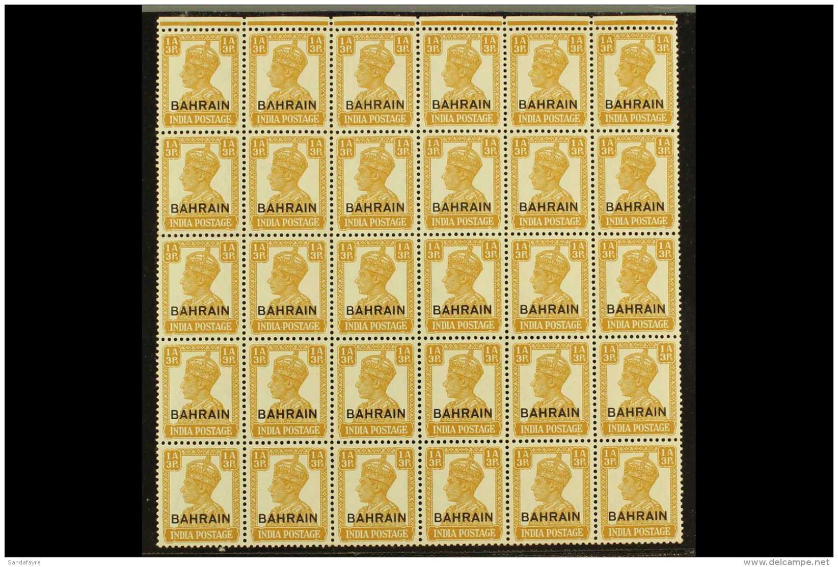 1942-45 1a3p Bistre Overprint, SG 42, Very Fine Never Hinged Mint Marginal BLOCK Of 30 (6x5), Very Fresh. (30... - Bahrain (...-1965)