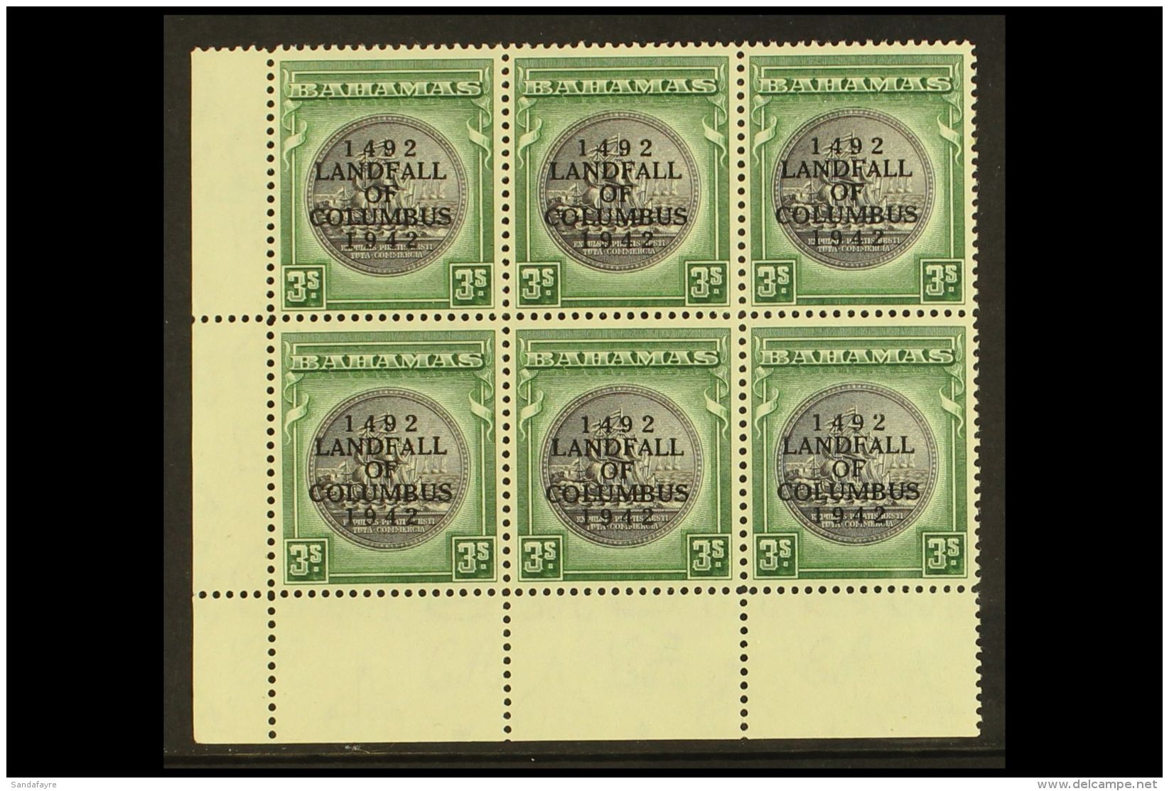 1942 3s Slate Purple &amp; Myrtle Green, SG 173, NHM Lower Left Corner Block Of 6 With Lightly Toned Gum. For More... - Andere & Zonder Classificatie