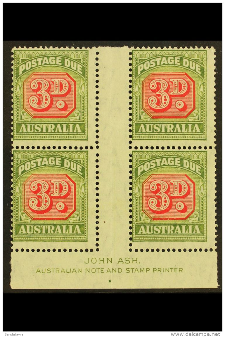 POSTAGE DUE 1946-53 3d Carmine And Green, SG D122, JOHN ASH Gutter Imprint Block Of Four, Very Fine Mint. (4... - Autres & Non Classés