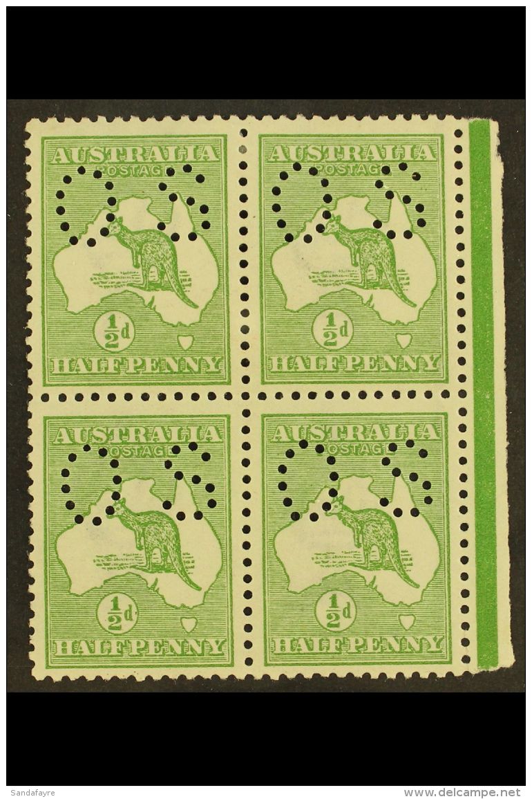 OFFICIALS 1913 &frac12;d Green, Punctured "O S" (smaller Letters, SG Type O2), Right Marginal Block Of 4, SG O16,... - Autres & Non Classés