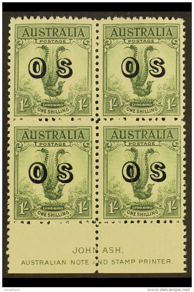 OFFICIAL 1932 1s Green, Lyrebird, "O S" Overprint In JOHN ASH Imprint Block Of 4, SG O136, Fine Mint, Hinged On... - Autres & Non Classés