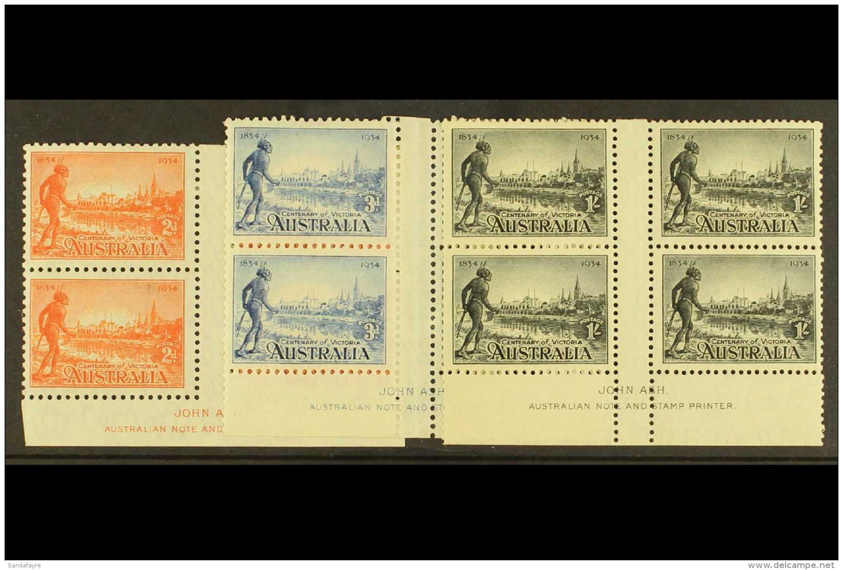 1934 Centenary Of Victoria Set (SG 147/49) In ASH IMPRINT BLOCKS OF FOUR, Never Hinged Mint (3 X Imprint Blocks)... - Autres & Non Classés