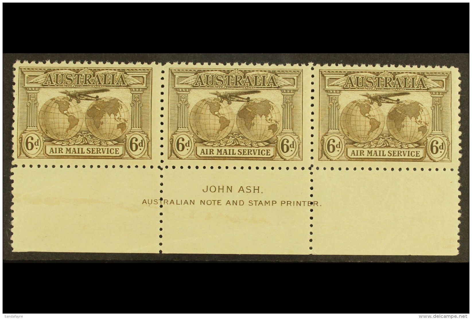 1931 6d Sepia "Air Mail Service", SG 139, JOHN ASH Imprint Strip Of Three, Never Hinged Mint. For More Images,... - Autres & Non Classés