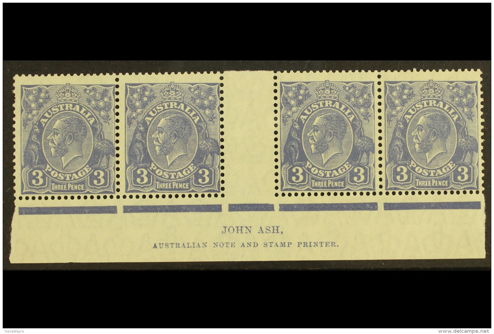 1926-30 3d Deep Ultramarine, George V Head, Die II, SG 100a, JOHN ASH Imprint Gutter Strip Of Four, Superb Mint... - Other & Unclassified
