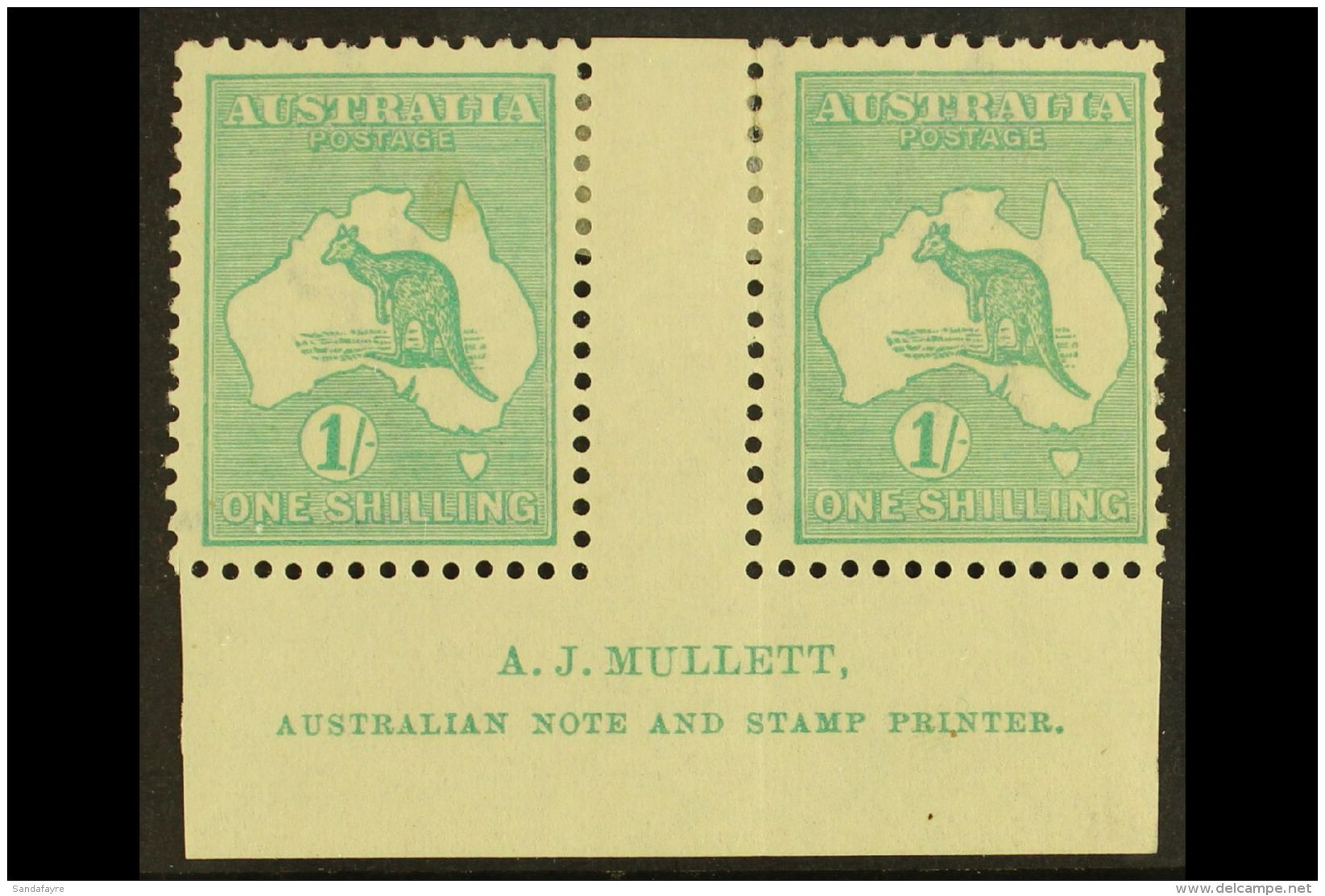 1915-27 1s Blue-green Kangaroo, Die II, SG 40, MULLETT Imprint Gutter Pair, Very Fine Mint. (2 Stamps) For More... - Other & Unclassified