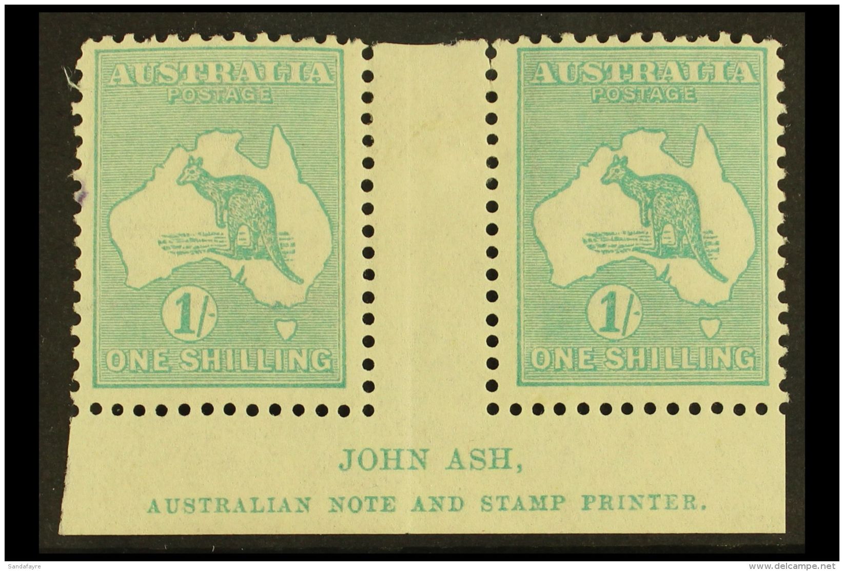 1915-27 1s Blue-green, SG 40, JOHN ASH Imprint Gutter Pair, Mint, Tiny Ink Spot At Left. For More Images, Please... - Autres & Non Classés