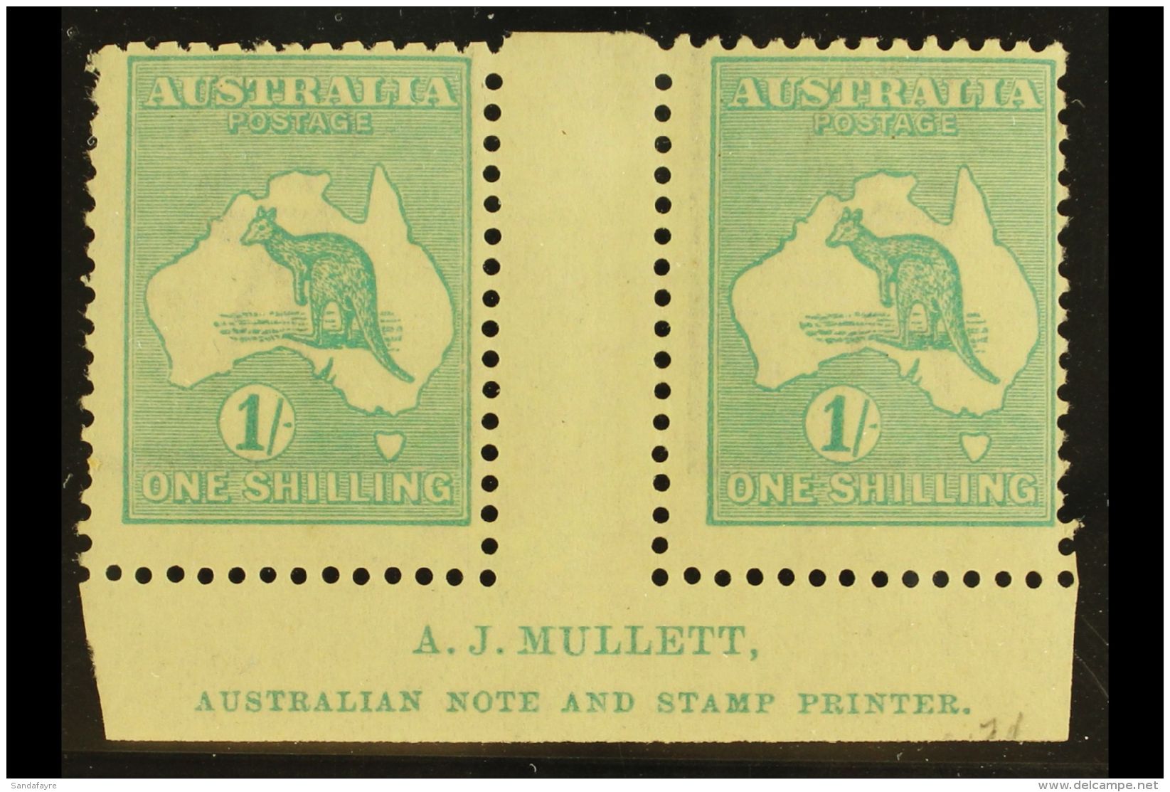 1915-27 1s Blue-green 'Roo, Die IIB, SG 40b, Lower Marginal Gutter Pair With "A.J. MULLETT" Inscription, Never... - Autres & Non Classés