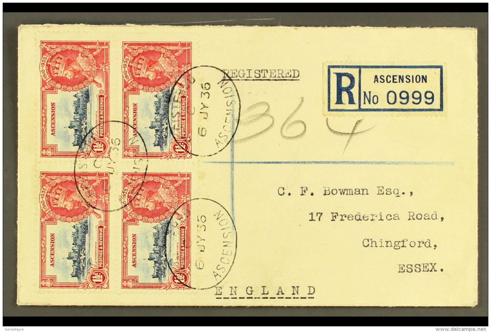 1935 1&frac12;d Deep Blue And Scarlet Silver Jubilee, SG 31, Fine Used BLOCK OF FOUR On Reg Cover To England, Tied... - Ascension