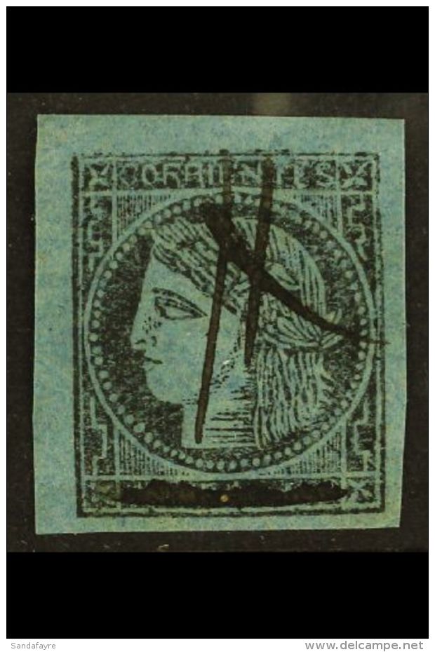 CORRIENTES 1860 (3c) Black On Blue With Pen Stroke Through "Un Real" (SG P57, Scott 2), Fine Used With Pen Cancel,... - Autres & Non Classés