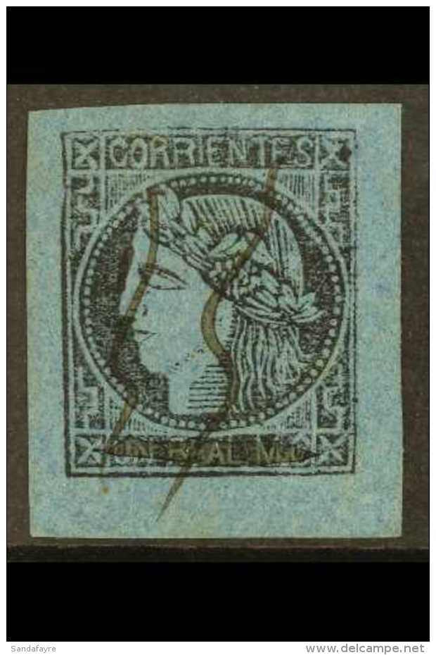 CORRIENTES 1860 (3c.f.) Black/blue With Value Pen Cancelled, SG P57, Very Fine Used With 4 Huge Margins, Neat Pen... - Other & Unclassified