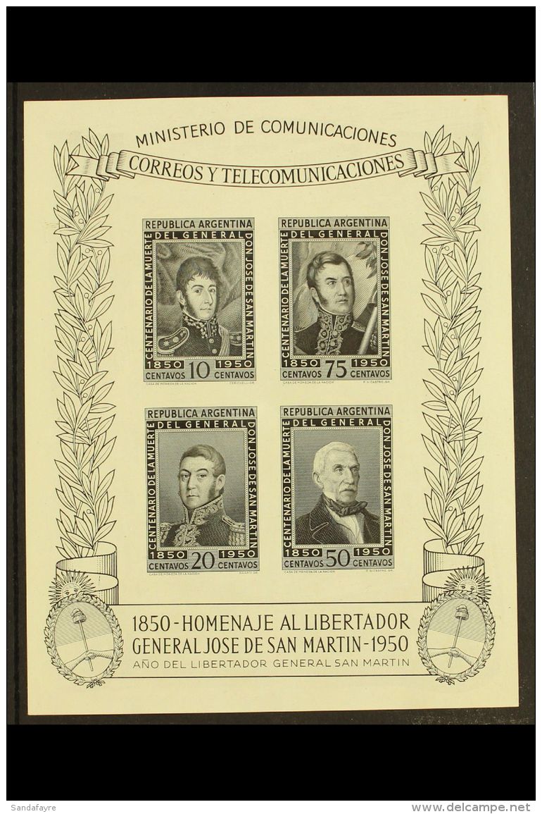 1950 IMPERF PROOF For The 1950 Death Centenary Of Gen. San Martin Mini-sheet (SG MS819a, Scott 591a) Printed In... - Autres & Non Classés