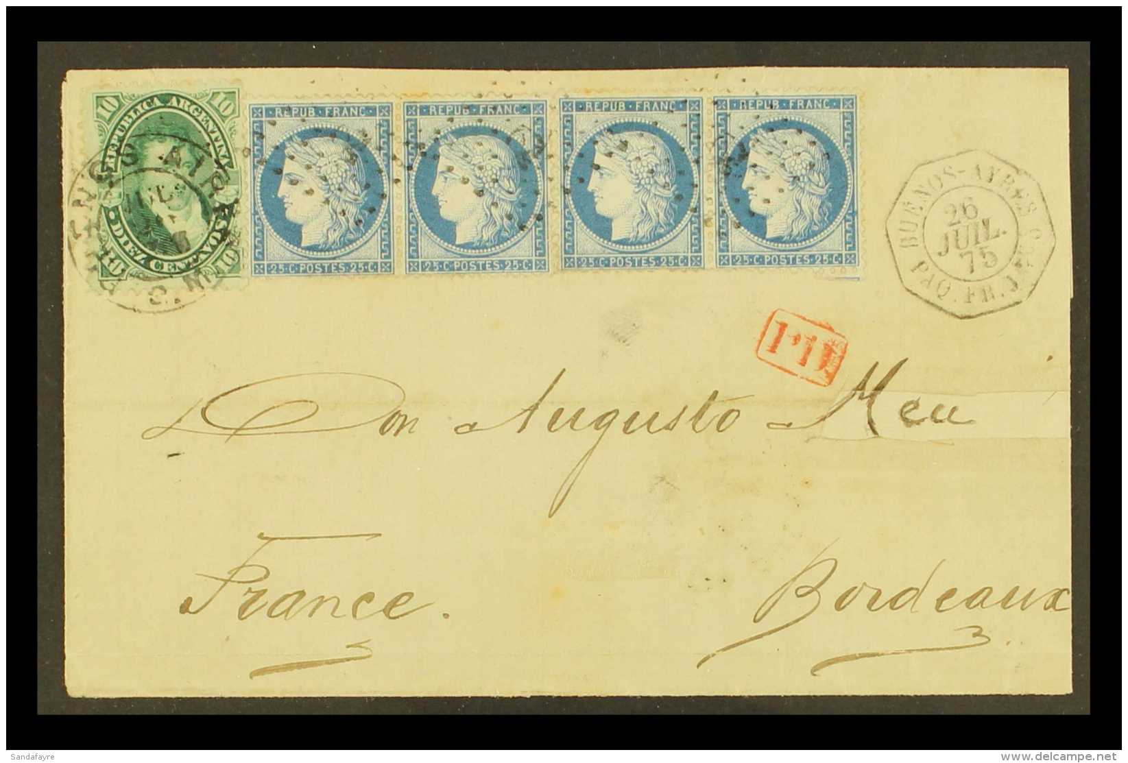 1875 MIXED FRANKING OF ARGENTINA AND FRANCE. 1875 (26 July) Wrapper With Modified Flaps &amp; Partially Repaired... - Other & Unclassified