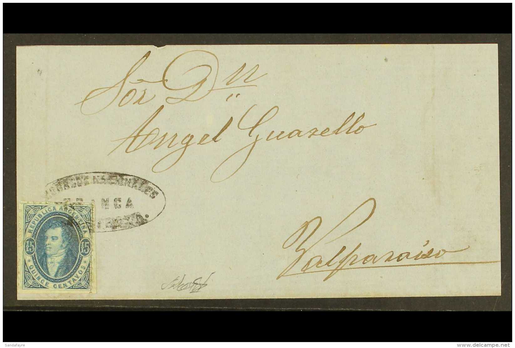 1864-66 15c Blue Rivadavia Perf 11&frac12; (SG 18, Scott 13), Tied To Complete Cover Front Addressed To Valparaiso... - Other & Unclassified