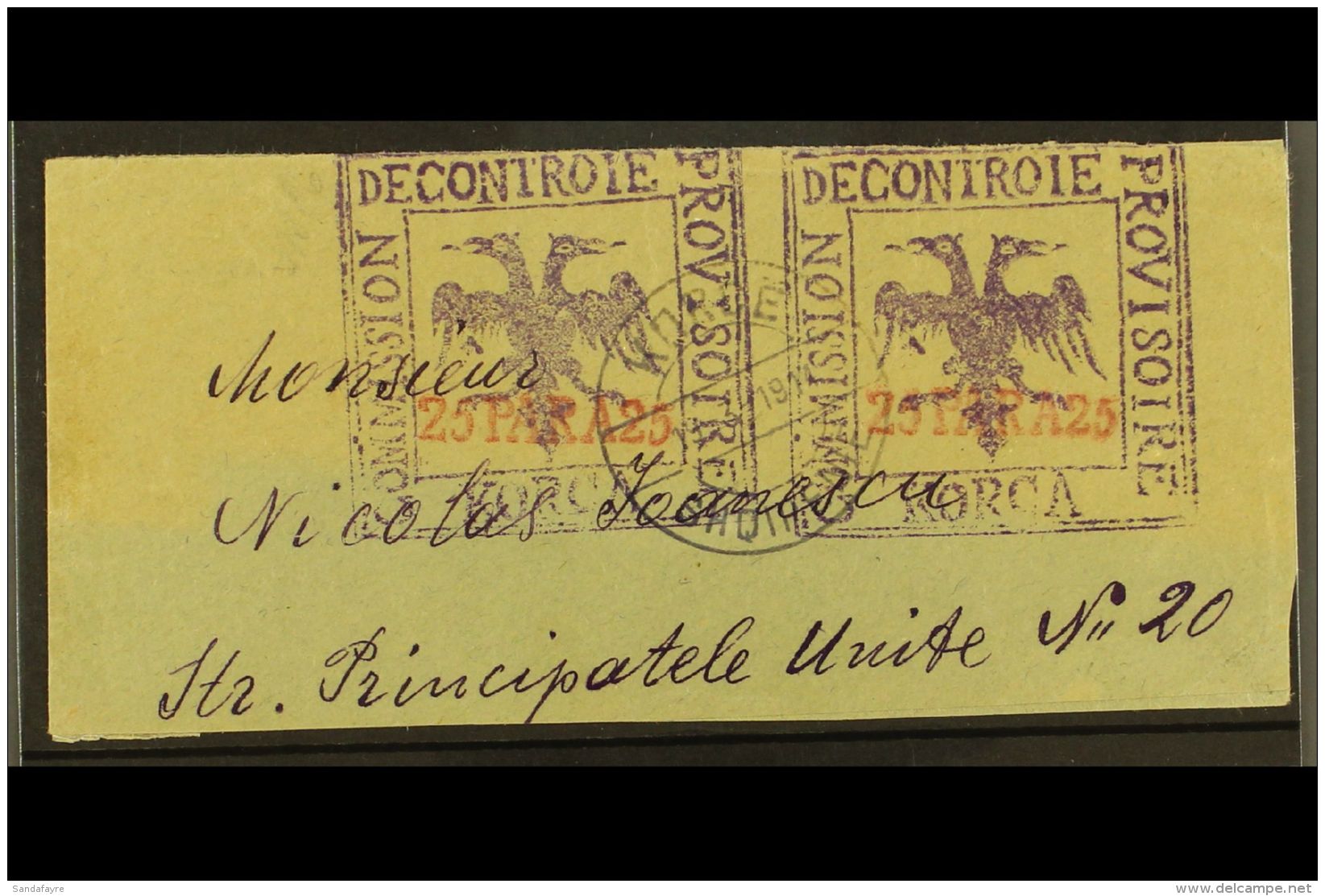 KORCA (KORITZA) LOCAL ISSUE. 1914 Large Part Cover Trimmed At Bottom Bearing Directly Applied Two Impressions Of... - Albania