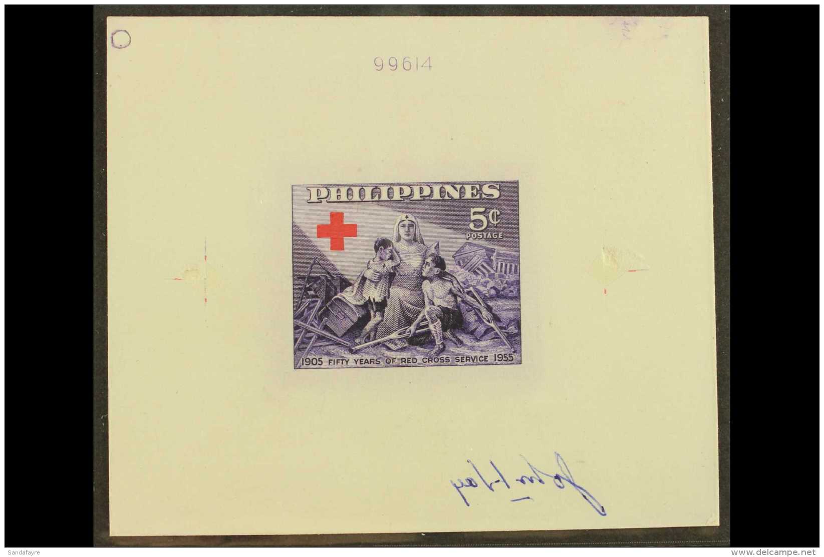 RED CROSS Philippines 1956 MASTER DIE PROOF 5c Violet, As Scott 627, Mounted On Card, Slightly Cut Down, Clean... - Unclassified