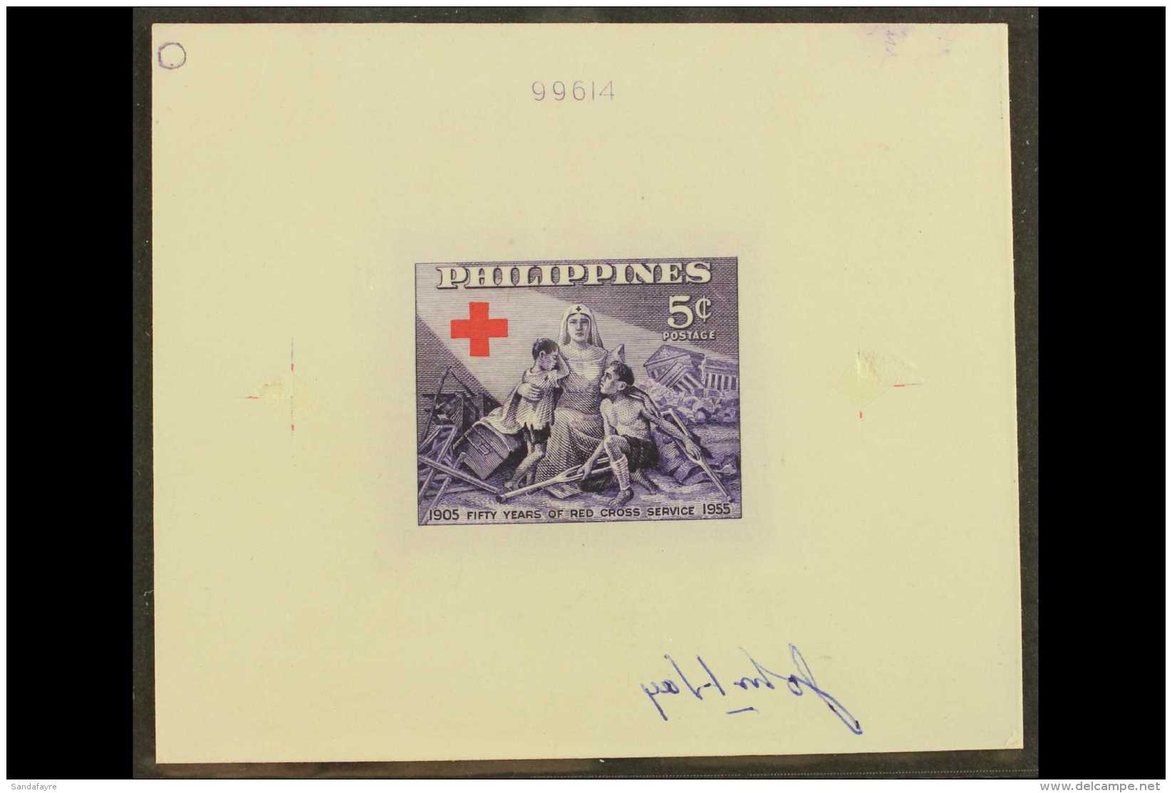 RED CROSS Philippines 1956 MASTER DIE PROOF 5c Violet, As Scott 627, Mounted On Card, Slightly Cut Down, Clean... - Zonder Classificatie