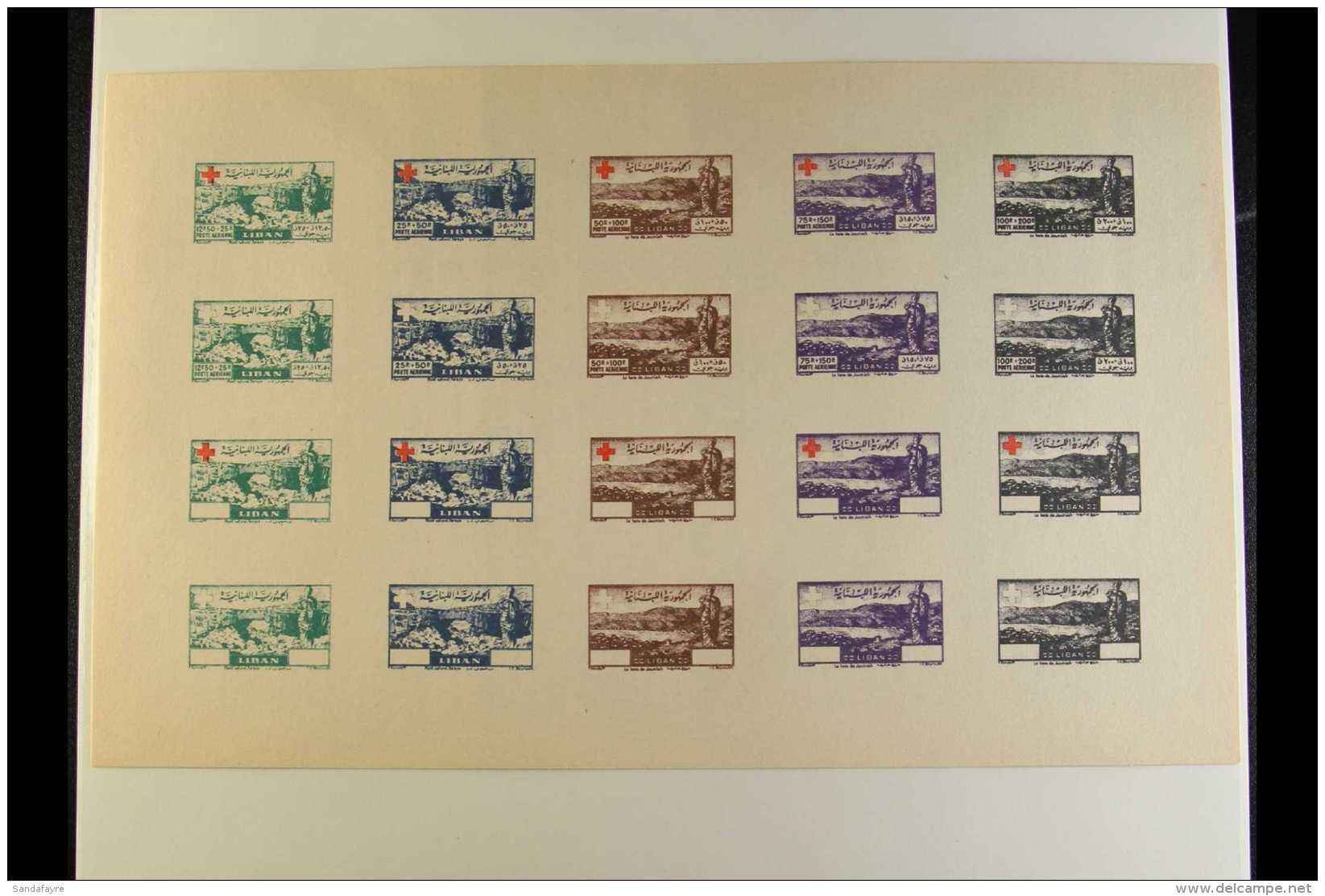 RED CROSS LEBANON 1947 Air Mail Issue In A Colour Separations On A Sheet With 20 Impression ((four Of Each Value),... - Non Classés