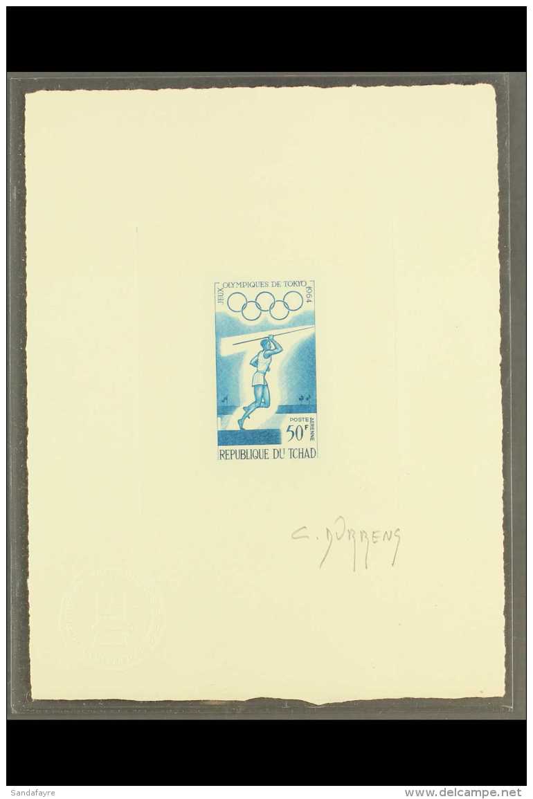 OLYMPICS Chad 1964 50f Olympic 'Javelin' Air (as SG 121) DIE PROOF Printed In Blue On Thin Card &amp; Signed By... - Non Classés