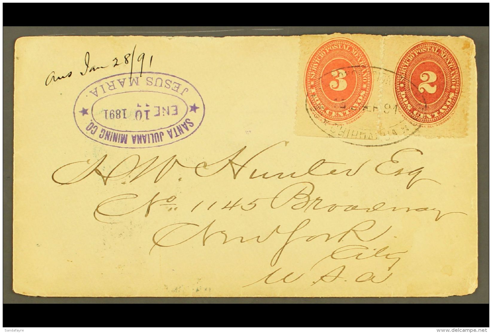 MINING MEXICO 1891 (10 Jan) Cover With Oval "Santa Juliana Mining Co, Jesus Maria" Datestamp (another Strike On... - Non Classés