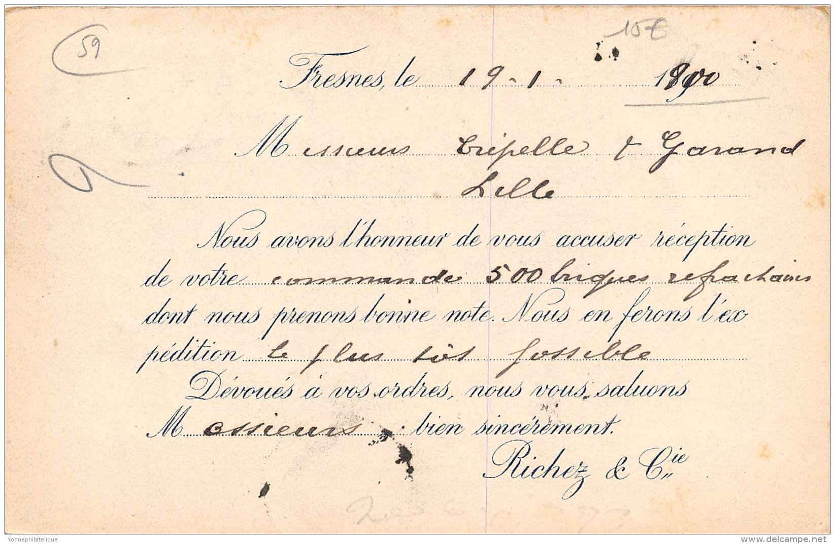 59 - NORD / Fresnes - Carte Postale De Correspondance - RICHEZ - Marbres - 1890 - Andere & Zonder Classificatie