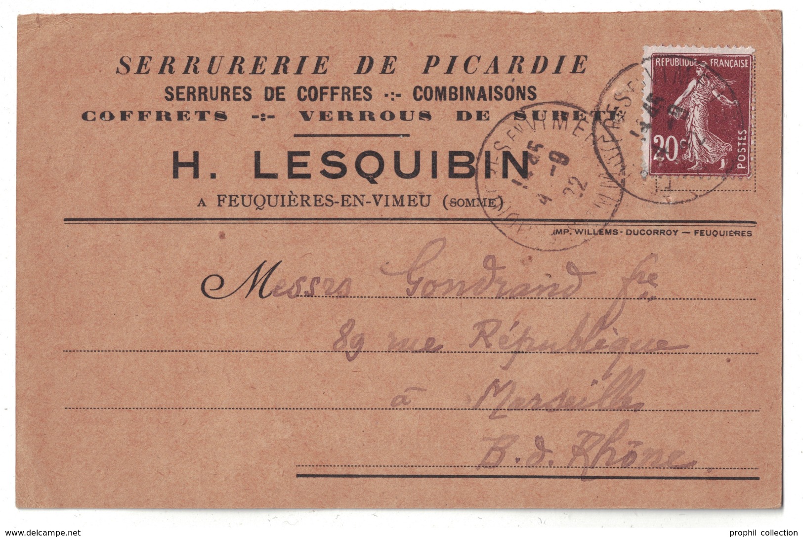 Somme 80 - FEUQUIERES EN VIMEU Carte Postale PUBLICITAIRE De LESQUIBIN Serrurerie De Picardie Coffres Verrous COMMERCE - Feuquieres En Vimeu