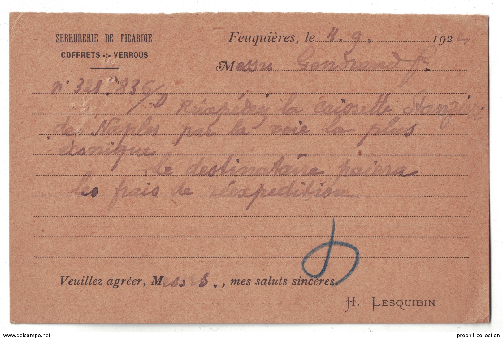 Somme 80 - FEUQUIERES EN VIMEU Carte Postale PUBLICITAIRE De LESQUIBIN Serrurerie De Picardie Coffres Verrous COMMERCE - Feuquieres En Vimeu