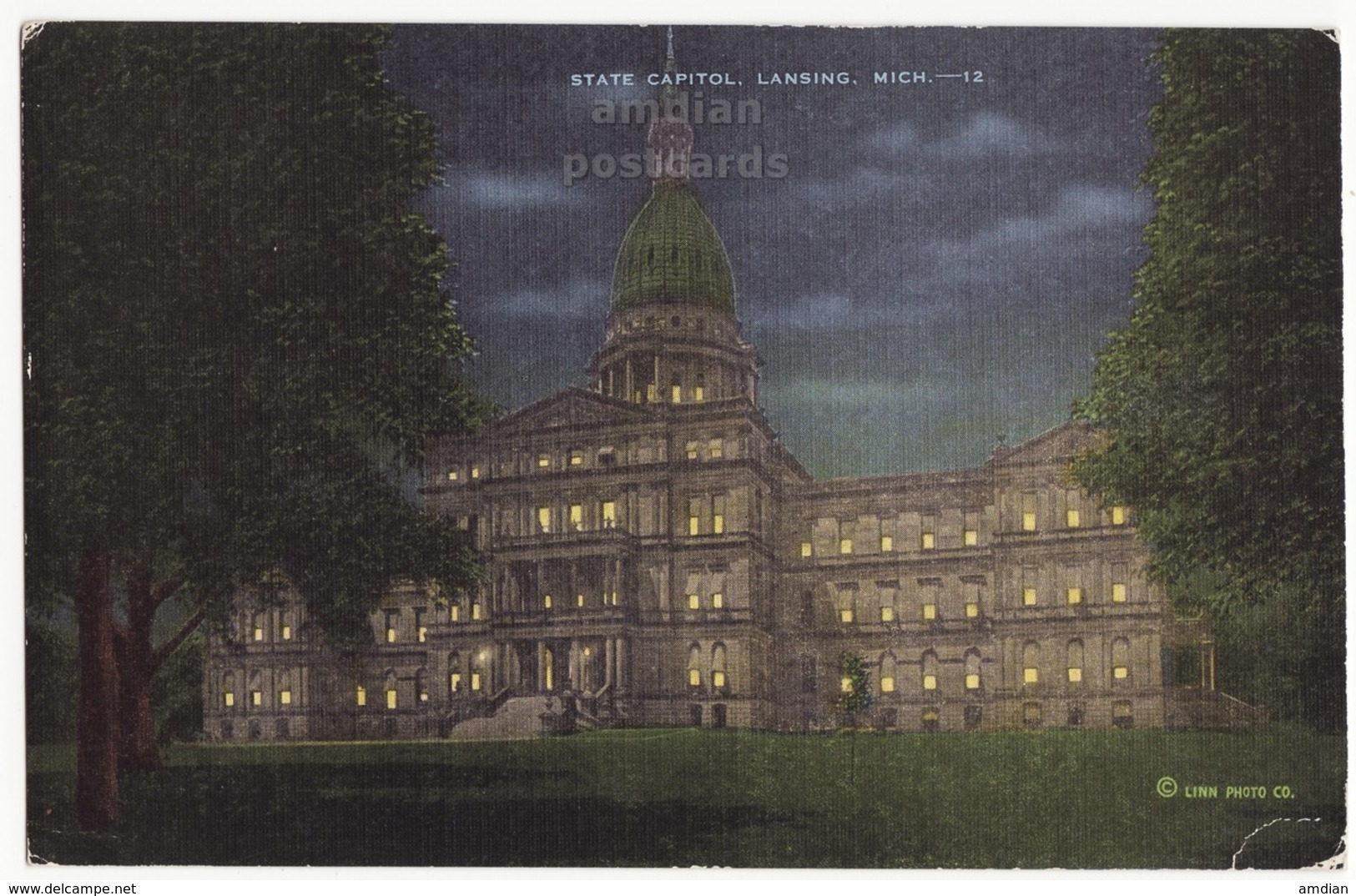 USA, LANSING MI, State Capitol Night View, Illuminated Dome, C1940s Unused Vintage Michigan Postcard - Lansing
