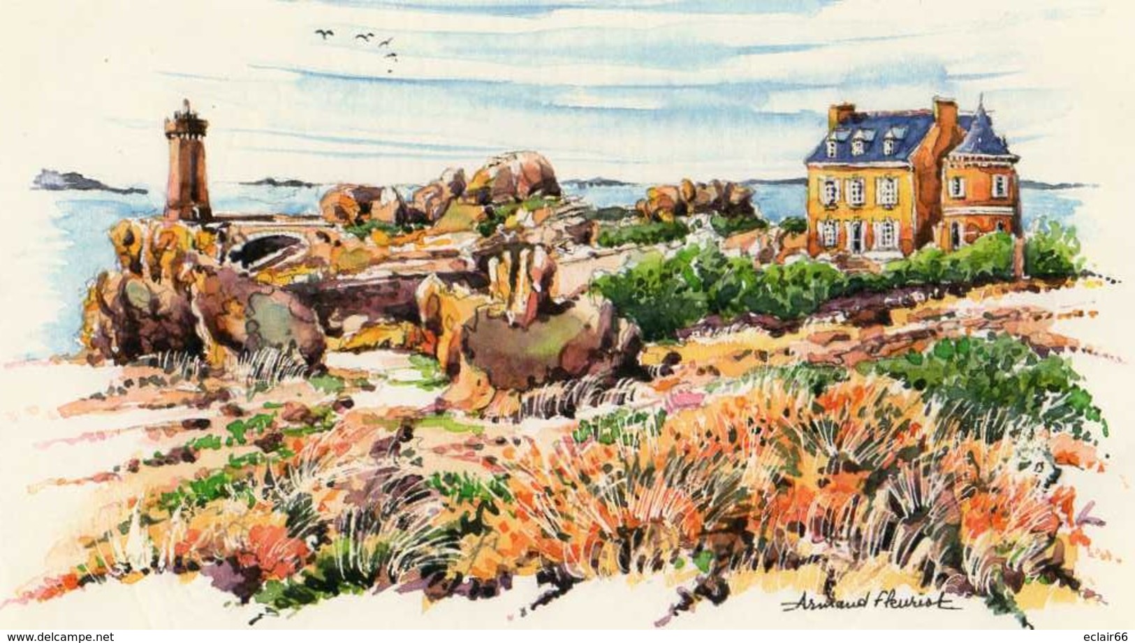 REPRODUCTION D'UNE AQUARELLELE PHARE DE PLOUMANACH,PEINTRE ARMAND FLEURIOT ,Dimension 28cmX17cm - Aquarelles