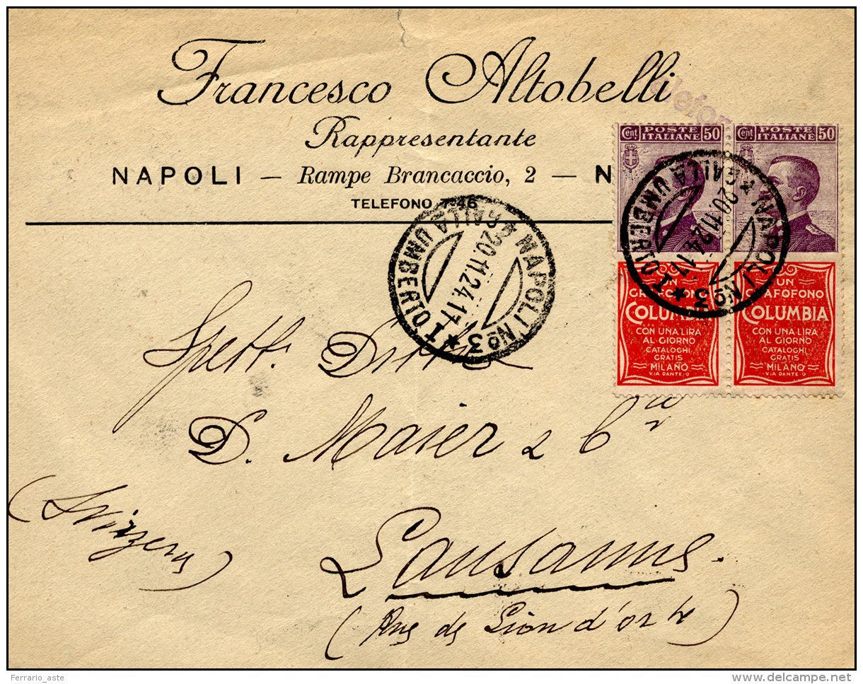 1924 - 50 Cent. Columbia (11), Coppia Perfetta Su Busta Da Napoli 20/11/1924 Per La Svizzera, Senza ... - Other & Unclassified