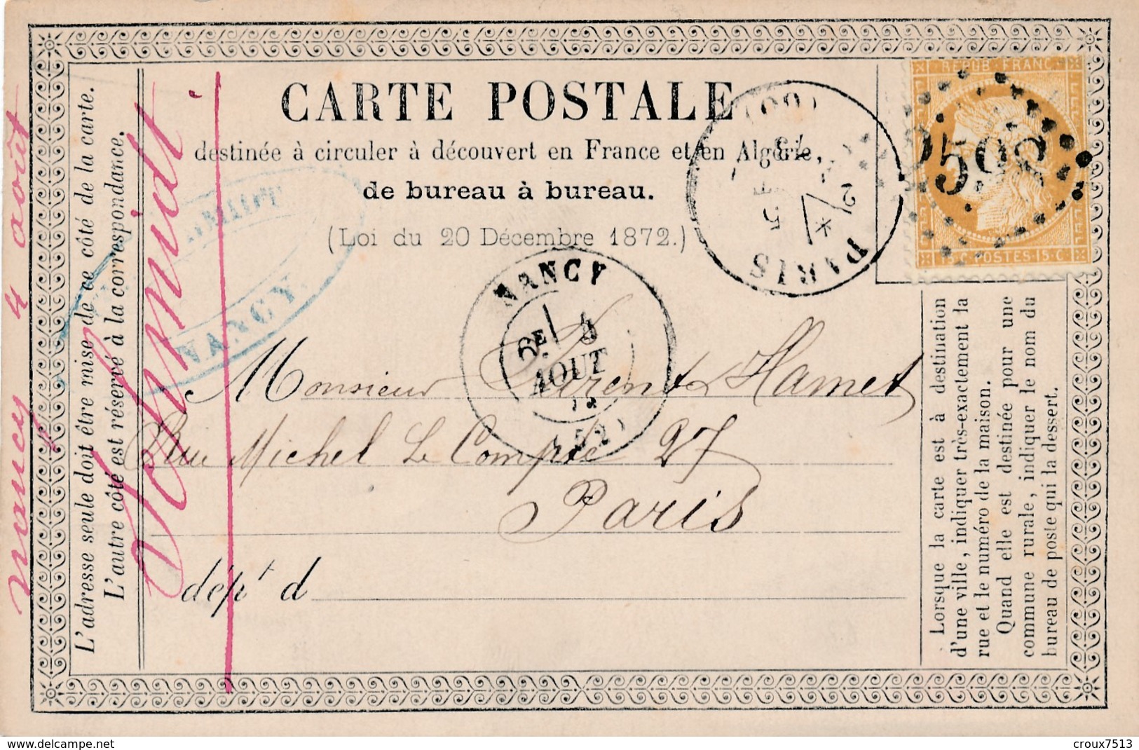 GC 2598 (ind 1) Nancy Sur Carte Précurseur Du 4 Août 1873 TB. - 1849-1876: Classic Period