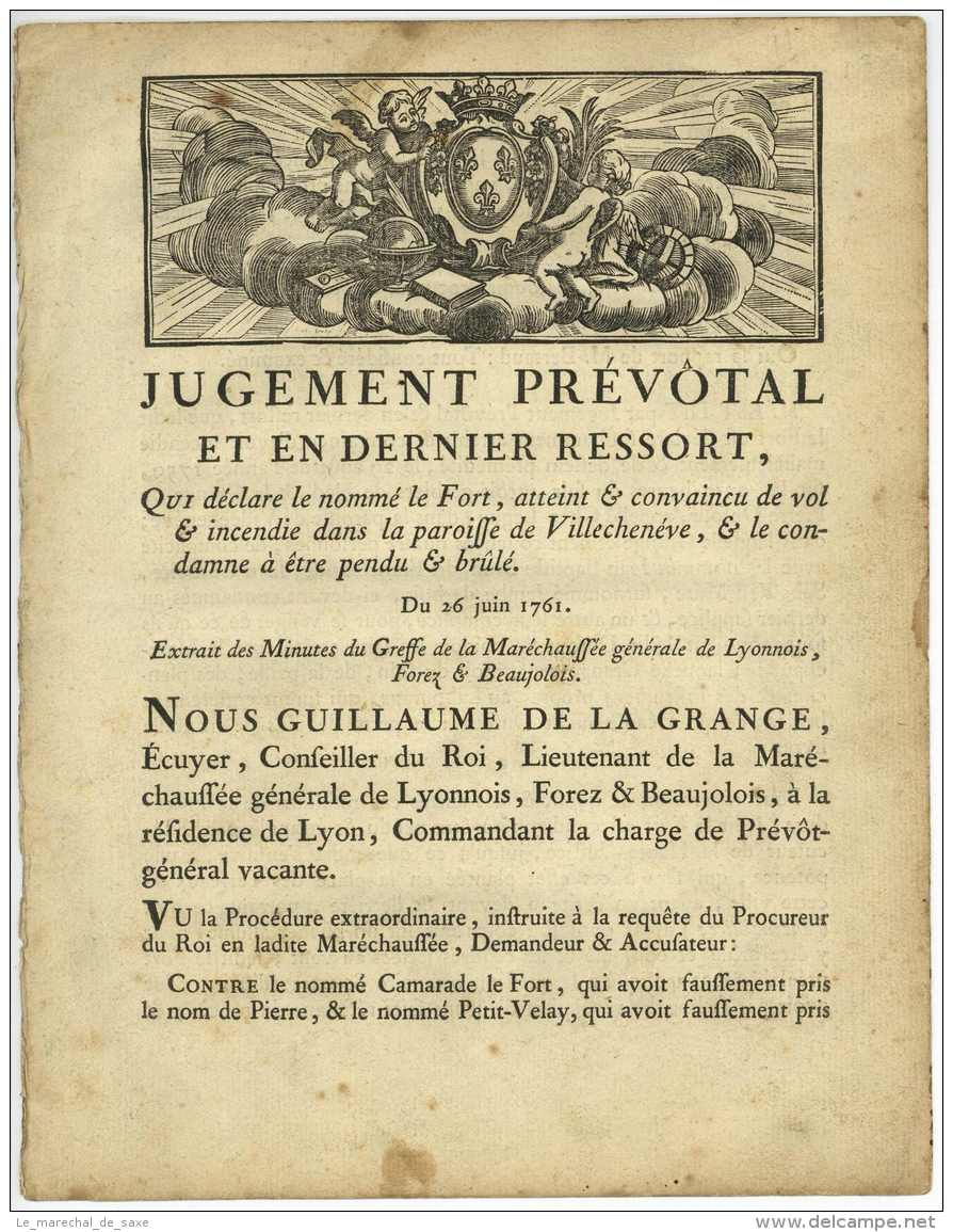 JUGEMENT PREVOTAL &ndash; LYON, 26 Juin 1761 &ndash; Sentence De Mort - VILLECHENEVE Marechaussee - Historical Documents